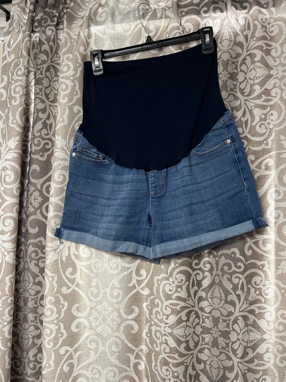 Time and Tru Blue Denim Maternity Shorts with Black Waist Panel